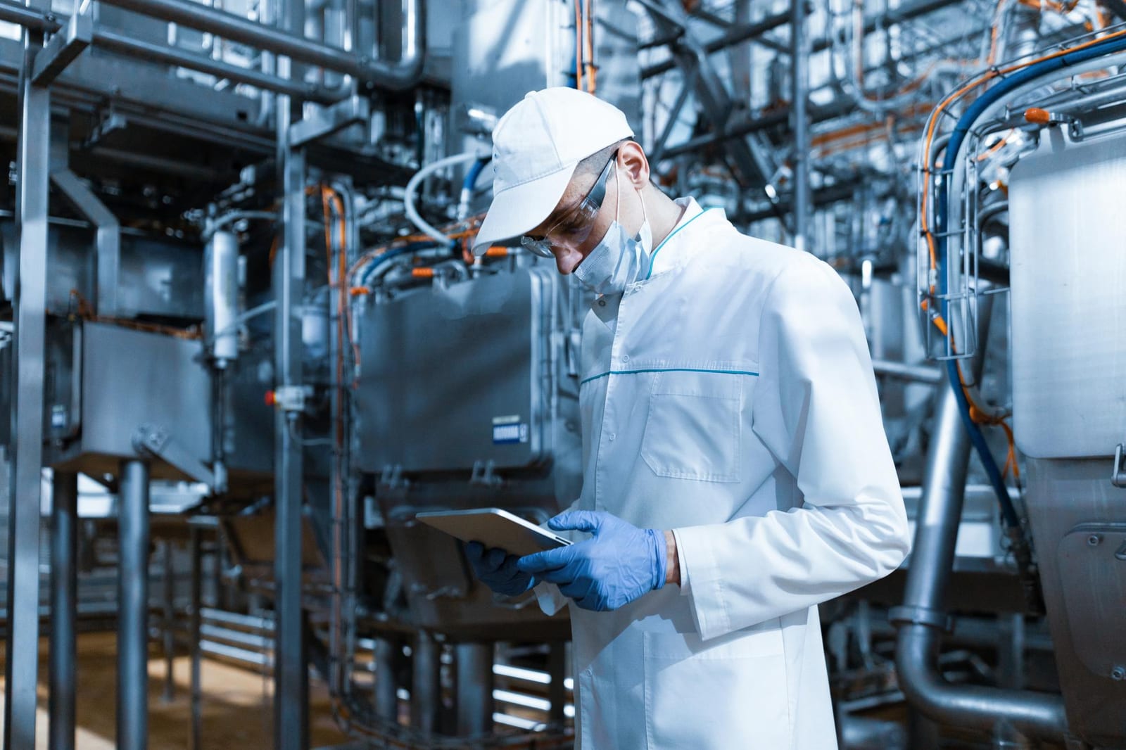 Trabalhador com capacete amarelo e colete de segurança usando um tablet perto de tanques industriais